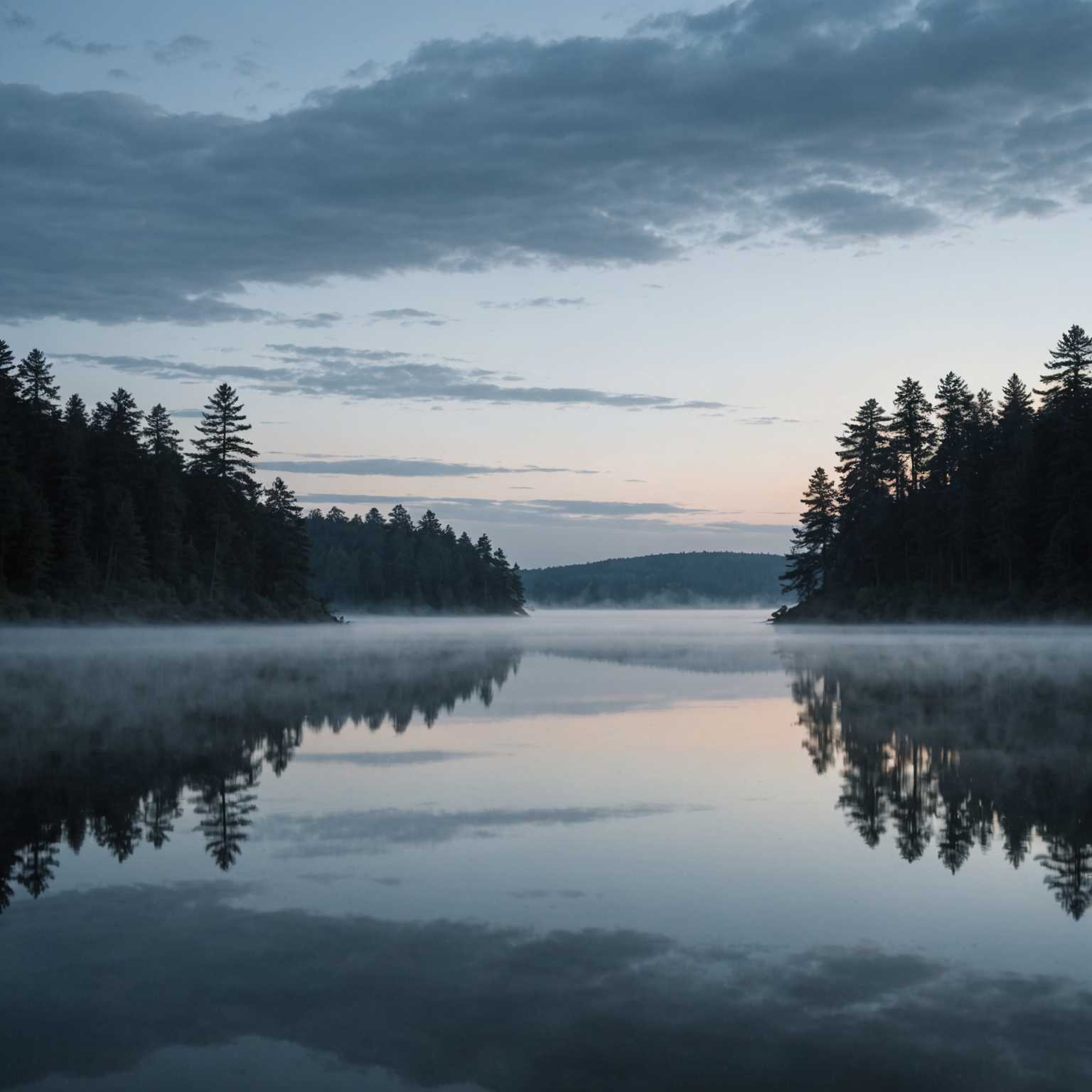 Eine ruhige Landschaft bei Sonnenuntergang, getaucht in sanfte, gedämpfte Töne von Blau und Grau. Der Himmel ist bedeckt mit dichten, rollenden Wolken. Ein Nebel schwebt nahe am Boden und verdeckt teilweise die Umrisse hoher Bäume in der Ferne. Ein ruhiger, reflektierender Wasserkörper erstreckt sich über die Mitte des Bildes und spiegelt den gedämpften Himmel und die dunklen Umrisse der umliegenden natürlichen Merkmale wider. Die Gesamtatmosphäre ist friedlich und düster und weckt ein Gefühl von stiller Einsamkeit und Nachdenklichkeit. Das Bild enthält keine scharfen Kontraste und bevorzugt eine harmonische Mischung aus Schatten und Licht.
