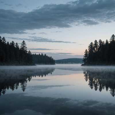 Eine ruhige Landschaft bei Sonnenuntergang, getaucht in sanfte, gedämpfte Töne von Blau und Grau. Der Himmel ist bedeckt mit dichten, rollenden Wolken. Ein Nebel schwebt nahe am Boden und verdeckt teilweise die Umrisse hoher Bäume in der Ferne. Ein ruhiger, reflektierender Wasserkörper erstreckt sich über die Mitte des Bildes und spiegelt den gedämpften Himmel und die dunklen Umrisse der umliegenden natürlichen Merkmale wider. Die Gesamtatmosphäre ist friedlich und düster und weckt ein Gefühl von stiller Einsamkeit und Nachdenklichkeit. Das Bild enthält keine scharfen Kontraste und bevorzugt eine harmonische Mischung aus Schatten und Licht.