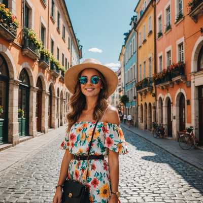 Reisebeeinflusser steht auf einer Kopfsteinpflasterstraße und trägt ein Sommeroutfit mit breitem Hut und Sonnenbrille. Im Hintergrund sind europäische Gebäude mit farbenfrohen Fassaden und blumengeschmückten Balkonen zu sehen. Die Szene spielt an einem sonnigen Tag.