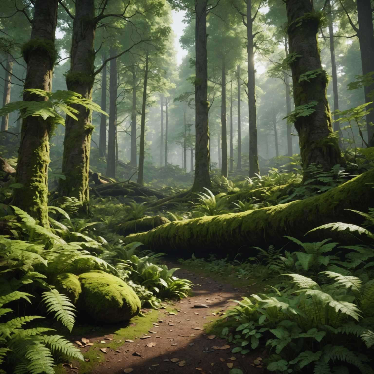 Das Bild zeigt eine hochrealistische, in 3D gerenderte Waldumgebung, die mit der Unreal Engine 5 erstellt wurde. Es bietet dichte, üppige Vegetation mit detaillierten Bäumen, Sträuchern und Unterholz. Die Bäume haben dicke Stämme mit rauer, strukturierter Rinde und zahlreichen grünen Blättern. Farne und kleine Pflanzen sind über den Waldboden verstreut, der von einer Schicht aus Moos und abgefallenen Blättern bedeckt ist. Sonnenlicht filtert durch das dichte Blätterdach und wirft gesprenkeltes Licht und Schatten auf den Boden. In der Ferne sind mehr Bäume und Laub zu sehen, was ein Gefühl von Tiefe und Eintauchen in die natürliche Umgebung vermittelt. Die Gesamtatmosphäre ist ruhig und lebendig und hebt die detaillierten und realistischen Texturen hervor, die durch photogescanntes Material möglich gemacht werden.