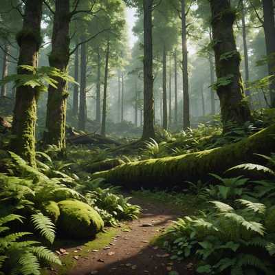 Das Bild zeigt eine hochrealistische, in 3D gerenderte Waldumgebung, die mit der Unreal Engine 5 erstellt wurde. Es bietet dichte, üppige Vegetation mit detaillierten Bäumen, Sträuchern und Unterholz. Die Bäume haben dicke Stämme mit rauer, strukturierter Rinde und zahlreichen grünen Blättern. Farne und kleine Pflanzen sind über den Waldboden verstreut, der von einer Schicht aus Moos und abgefallenen Blättern bedeckt ist. Sonnenlicht filtert durch das dichte Blätterdach und wirft gesprenkeltes Licht und Schatten auf den Boden. In der Ferne sind mehr Bäume und Laub zu sehen, was ein Gefühl von Tiefe und Eintauchen in die natürliche Umgebung vermittelt. Die Gesamtatmosphäre ist ruhig und lebendig und hebt die detaillierten und realistischen Texturen hervor, die durch photogescanntes Material möglich gemacht werden.