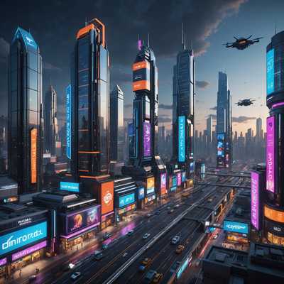 Dieses Bild zeigt eine futuristische, hochdetaillierte 3D-Stadtlandschaft, die in der Unreal Engine erstellt wurde. Wolkenkratzer mit reflektierenden Glasfassaden ragen über die belebten Straßen hinauf, die von lebendigen Neonlichtern und holographischen Werbetafeln beleuchtet werden. Verschiedene Flugfahrzeuge navigieren zwischen den Gebäuden und verleihen der Szene eine dynamische Bewegung. Die Straßen sind voller unterschiedlicher Charaktere, von Menschen bis hin zu Robotern, die verschiedenen Aktivitäten nachgehen, wie Einkaufen, Gespräche führen und pendeln. Die Atmosphäre ist eine Mischung aus Cyberpunk- und Sci-Fi-Elementen, mit einer Kombination aus fortschrittlicher Technologie und rauen urbanen Ästhetiken. Der Himmel ist dunkel mit einem bläulichen Schimmer, gesprenkelt mit entfernten Sternen und einigen futuristischen Drohnenlichtern, die darüber schweben. Das Gesamtambiente vermittelt eine reiche, immersive Welt voller komplexer Details und einem Gefühl einer lebhaften, futuristischen Stadtkultur.