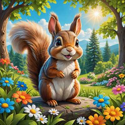 Ein erhebendes digitales Kunstbild zeigt eine friedliche Naturszene. Im Vordergrund ist ein kleines niedliches Tierchen, wahrscheinlich ein Eichhörnchen oder Hase, dargestellt. Das Tier hat große, ausdrucksvolle Augen und ein charmantes Lächeln, das Freude und Unschuld vermittelt. Um das Tier herum sind lebendige, üppige grüne Bäume und bunte Blumen zu sehen. Der Himmel darüber ist in einem brillanten Blau gehalten und es sind flauschige weiße Wolken zu sehen. Sonnenstrahlen scheinen sanft durch das Laub und erzeugen eine warme und einladende Atmosphäre. Der Kunststil ist verspielt und detailliert, mit dem Fokus, eine herzerwärmende und fröhliche Stimmung zu vermitteln.