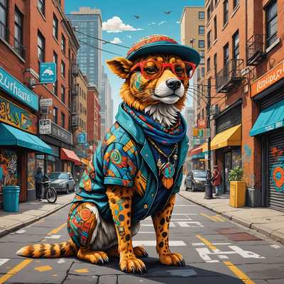 Ein lebendiges T-Shirt-Design mit einer urbanen Straßenszene, bei der künstlerisch gestaltete Tiere im Mittelpunkt stehen. Die Tiere sind detailliert und stilisiert dargestellt und tragen möglicherweise Accessoires wie Hüte, Brillen oder Kleidung, die ihnen einen modischen, urbanen Look verleihen. Der Hintergrund könnte Elemente des Stadtlebens wie Gebäude, Straßenschilder und Graffiti enthalten, die alle kunstvoll in das Design eingewoben sind, um eine trendige, auffällige Grafik zu schaffen, die für Straßenmode geeignet ist. Der Gesamteindruck ist farbenfroh, dynamisch und kantig und verbindet Elemente moderner Streetwear mit künstlerischen Tierillustrationen.