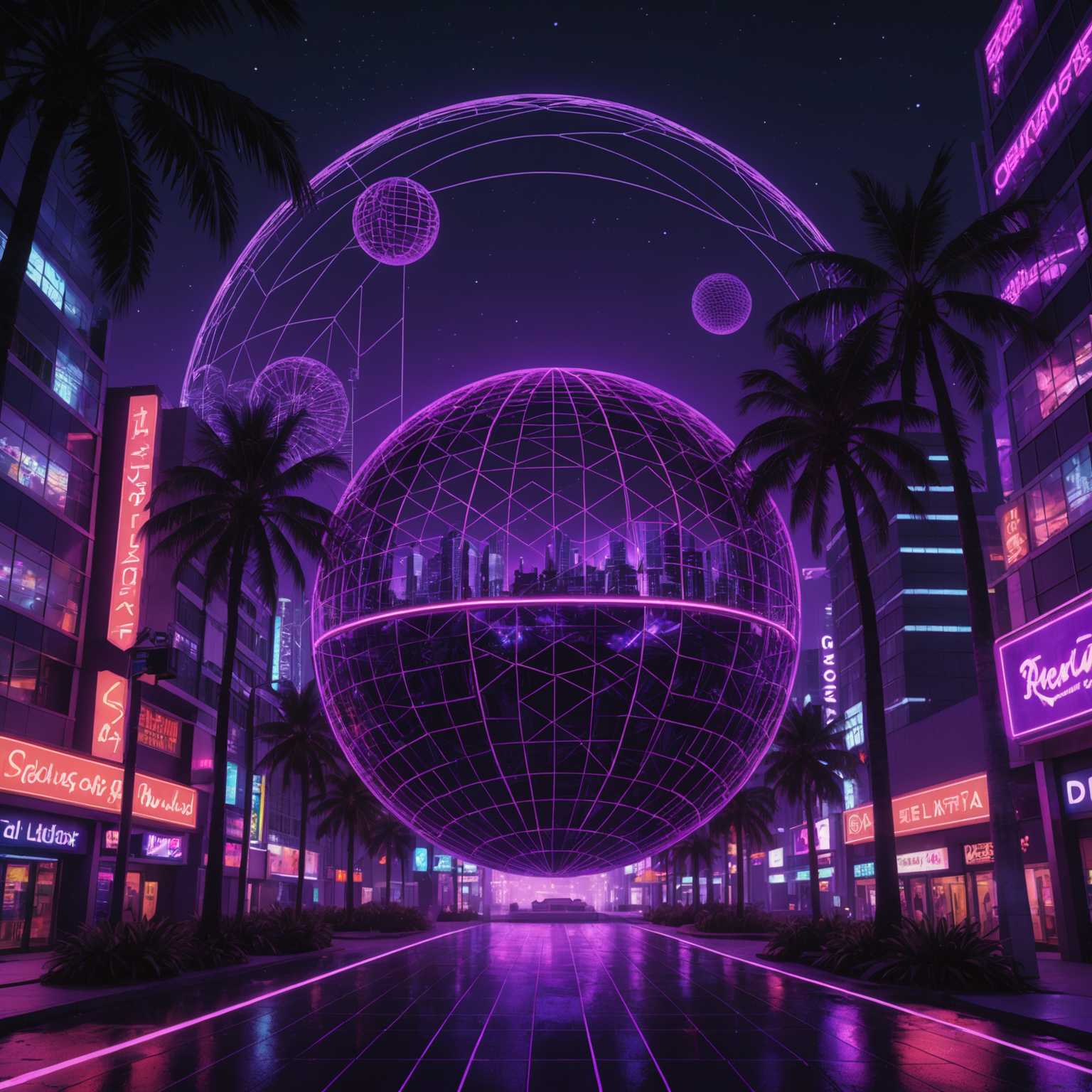 Ein neonbeleuchtetes Stadtbild mit einer retro-futuristischen Atmosphäre, das von hohen Gebäuden mit geometrischen Mustern, leuchtenden Neonzeichen und einem bodenbedeckenden Rastermuster geprägt ist. Der Himmel ist dunkel mit einem tiefen violetten Farbton, gesprenkelt mit Sternen. Eine große, leuchtende, drahtgitterartige Kugel schwebt am Himmel. Vereinzelte Palmen mit leuchtenden Stämmen und Blättern verleihen dieser surrealen Welt einen Hauch von Natur. Die Farbpalette wird von Violett-, Rosa- und Blautönen dominiert und schafft eine verträumte, vaporwave-ähnliche Atmosphäre.