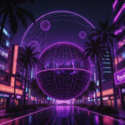 Ein neonbeleuchtetes Stadtbild mit einer retro-futuristischen Atmosphäre, das von hohen Gebäuden mit geometrischen Mustern, leuchtenden Neonzeichen und einem bodenbedeckenden Rastermuster geprägt ist. Der Himmel ist dunkel mit einem tiefen violetten Farbton, gesprenkelt mit Sternen. Eine große, leuchtende, drahtgitterartige Kugel schwebt am Himmel. Vereinzelte Palmen mit leuchtenden Stämmen und Blättern verleihen dieser surrealen Welt einen Hauch von Natur. Die Farbpalette wird von Violett-, Rosa- und Blautönen dominiert und schafft eine verträumte, vaporwave-ähnliche Atmosphäre.