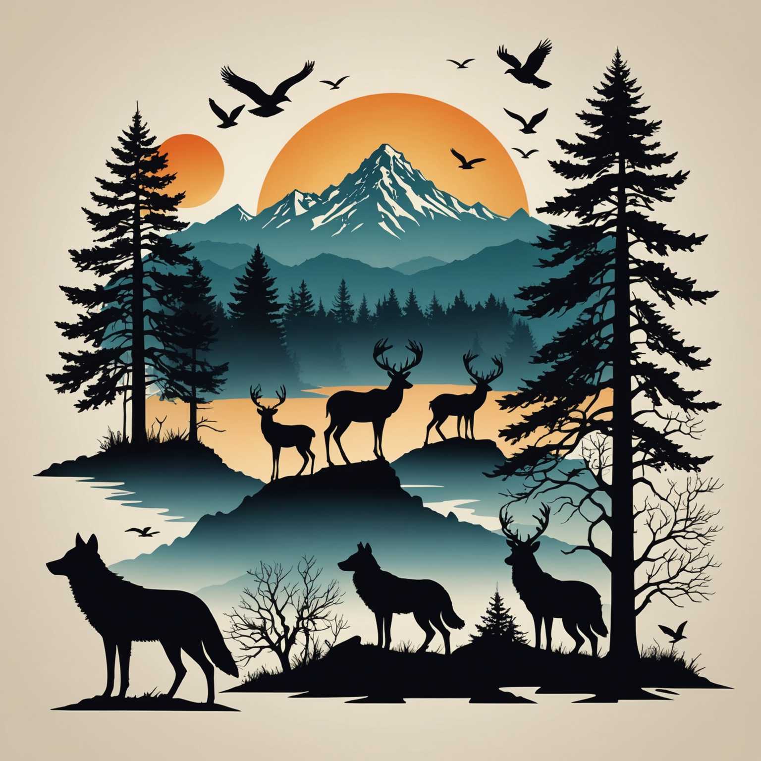 Eine Gruppe von Vektor-Silhouetten-Designs mit verschiedenen Tieren wie Vögeln, Hirschen und Wölfen, kombiniert mit Naturelementen wie Bäumen und Bergen, alle in künstlerischen Kompositionen arrangiert, die sich für T-Shirt-Drucke eignen. Die Tiere werden in dynamischen Posen dargestellt, manchmal in die natürliche Landschaft integriert, wodurch eine harmonische Mischung aus Wildtieren und Natur entsteht.