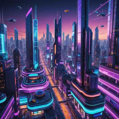 In dem Bild sind lebendige und hochdetaillierte 3D-Animationen einer futuristischen Stadtlandschaft zu sehen. Die Gebäude sind schlank mit glatten Oberflächen und leuchtenden Neonlichtern in verschiedenen Farben, hauptsächlich Blau- und Lilatönen. Die Szene ist belebt mit fliegenden Fahrzeugen unterschiedlicher Formen und Größen, die zwischen den Wolkenkratzern hin- und herschießen. Erhöhte Gehwege und durchsichtige Röhren durchziehen die Skyline und verbinden die hoch aufragenden Strukturen. Es gibt holografische Werbetafeln mit dynamischen Werbeanzeigen und Informationsdisplays. Das Erdgeschoss zeigt eine Mischung aus Grünflächen und moderner Infrastruktur, mit robotischen Wesen, die mit der Umgebung interagieren. Der Himmel ist ein Verlauf von Dunkelblau zu Lila, übersät mit Sternen und einigen entfernten Planeten, was dem futuristischen Setting einen anderen weltlichen Eindruck verleiht. Die Gesamtatmosphäre ist energiegeladen und technologisch fortgeschritten und schafft ein immersives und dynamisches 3D-Erlebnis.