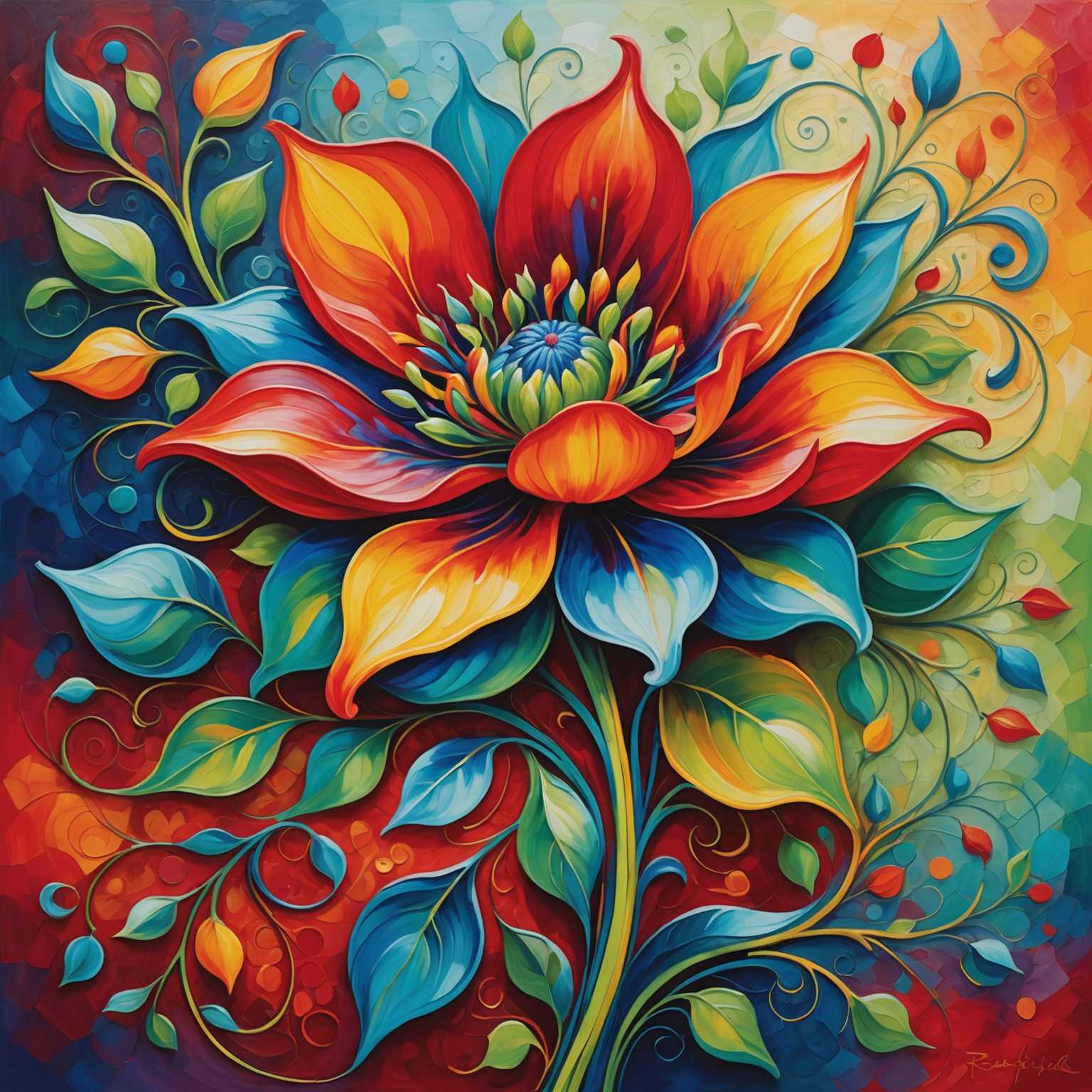 Ein lebendiges und detailliertes abstraktes Gemälde eines farbenfrohen Blumenlandschaft. Die Komposition ist voller leuchtender Rottöne, Blautöne, Gelbtöne und Grüntöne, die eine aufwändige Tapete aus blühenden Blumen, wirbelnden Blütenblättern und ineinander verschlungenen Ranken bilden. Der Hintergrund ist ein Farbverlauf aus sanften Pastellfarben, der den auffälligen Kontrast und die Tiefe der Blumen im Vordergrund verstärkt. Die Muster wirken sowohl organisch als auch akribisch gestaltet, was ein dynamisches Zusammenspiel zwischen natürlichen Formen und künstlerischem Ausdruck schafft. Das Gesamtbild vermittelt eine übermütige Schönheit und harmonisches Chaos, das die Vitalität der Natur und die Kreativität des menschlichen Geists hervorruft.