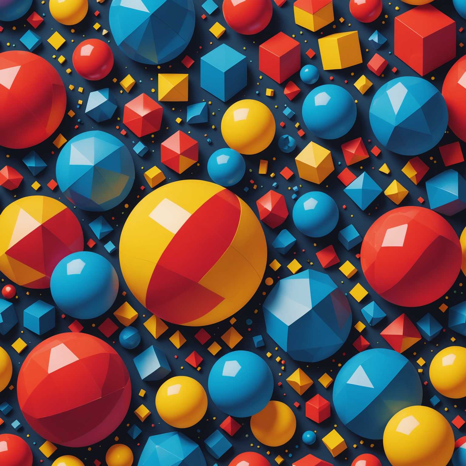 Das Bild zeigt eine lebendige Explosion bunter geometrischer Formen und Elemente, die in einer künstlerischen und dynamischen Komposition angeordnet sind. Die Formen umfassen Kugeln, Würfel und andere abstrakte Gebilde, alle mit akribischen 3D-Details dargestellt. Die Farben sind lebendig und vielfältig, mit einem Spektrum, das helle Blautöne, feurige Rottöne und elektrische Gelbtöne umfasst, die nahtlos ineinander übergehen und ein Gefühl von Bewegung und Energie erzeugen. Der Hintergrund ist ein eleganter, moderner Verlauf, der es den Formen ermöglicht, hervorzuheben und ihre Dreidimensionalität zu betonen. Der Gesamteindruck ist sehr poliert und digital, erinnert an hochwertige Webgrafiken oder digitale Kunst, die in der Werbung verwendet wird.