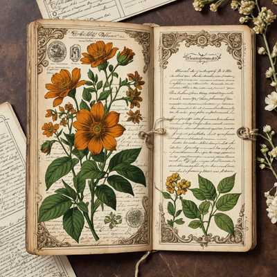 Die Abbildung zeigt eine Vintage-Junk-Journal-Karte, die mit aufwändigen und detaillierten Illustrationen verziert ist. Die Karte weist eine abgenutzte, antike Ästhetik auf, mit floralen Designs, altmodischer Handschrift und sepiafarbenen Hintergründen. Sie enthält botanische Illustrationen mit zarten Blumen und Blättern sowie Vintage-Ephemera wie Briefmarken, alte Anzeigen und Geschäftspapier. Die Ränder der Karte erscheinen leicht abgenutzt, mit verblassten Farben und unebenen, zerrissenen Kanten, was ein nostalgisches, zeitloses Gefühl erzeugt. Der Stil erinnert an die Scrapbooking-Ära der viktorianischen Zeit, mit einer Mischung aus dekorativen Motiven und utilitären Elementen, die ein Gefühl von Geschichte und Entdeckung hervorrufen.