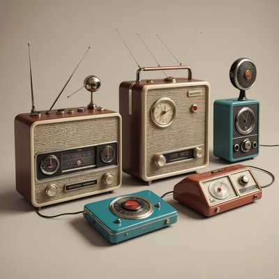 Dieses Bild zeigt eine Sammlung sorgfältig gestalteter 3D-Modelle von Vintage-Retro-Gadgets. Der Hintergrund ist neutral, um die Details der Produkte hervorzuheben. Im Zentrum der Komposition befindet sich ein altmodisches Radio mit Drehknöpfen und einer Antenne, das die kantigen und metallischen Elemente des Designs der Mitte des 20. Jahrhunderts zur Schau stellt. Umgeben ist das Radio von verschiedenen nostalgischen Gegenständen wie einem Wählscheibentelefon mit Spiralkabel, einem klobigen Fernseher mit auffälligen Knöpfen und Hasenohren-Antennen sowie einem Paar klassischer Over-Ear-Kopfhörer mit einem dicken Kopfbügel. Jedes Gadget ist mit großer Liebe zum Detail und Textur illustriert und zeigt leichte Gebrauchsspuren, die auf sein Alter hinweisen und den Kern der analogen Technologie einfangen. Die Farbgebung besteht aus gedämpften Tönen und metallischen Oberflächen, die ein realistisches und authentisches Vintage-Gefühl vermitteln. Das Gesamtbild weckt ein Gefühl von Nostalgie und eine Hommage an vergangene technologische Innovationen.