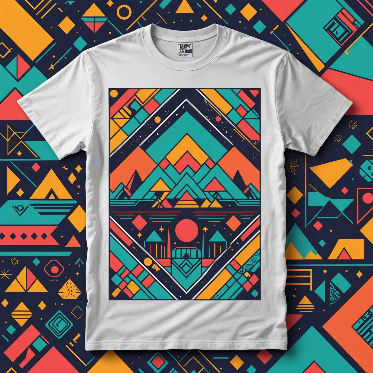 Ein Vintage-T-Shirt-Design mit bunten Illustrationen und Grafiken im Retro-Stil. Das Design zeigt abstrakte geometrische Muster und detaillierte künstlerische Illustrationen, die ein Gefühl von Nostalgie und klassischer Mode vermitteln. Das T-Shirt wird angezeigt, um seine künstlerischen und grafischen Elemente hervorzuheben.