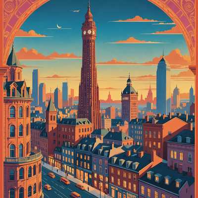 Eine farbenfrohe und lebendige Vintage-Reiseplakat-Illustration, die einen ikonischen, majestätischen Turm zeigt, der von verschiedenen kleineren Gebäuden in unterschiedlichen Architekturstilen umgeben ist. Der Himmel ist klar, möglicherweise während des Sonnenuntergangs, mit warmen Orangetönen und Rosa, die in kühles Blau übergehen. Die Illustration strahlt einen nostalgischen Charme aus und fängt die Essenz von Reisen und Erkundung ein. Es wird detaillierte Aufmerksamkeit auf die Gebäude gelegt, wodurch ein starkes Gefühl von Ort und Kultur entsteht.