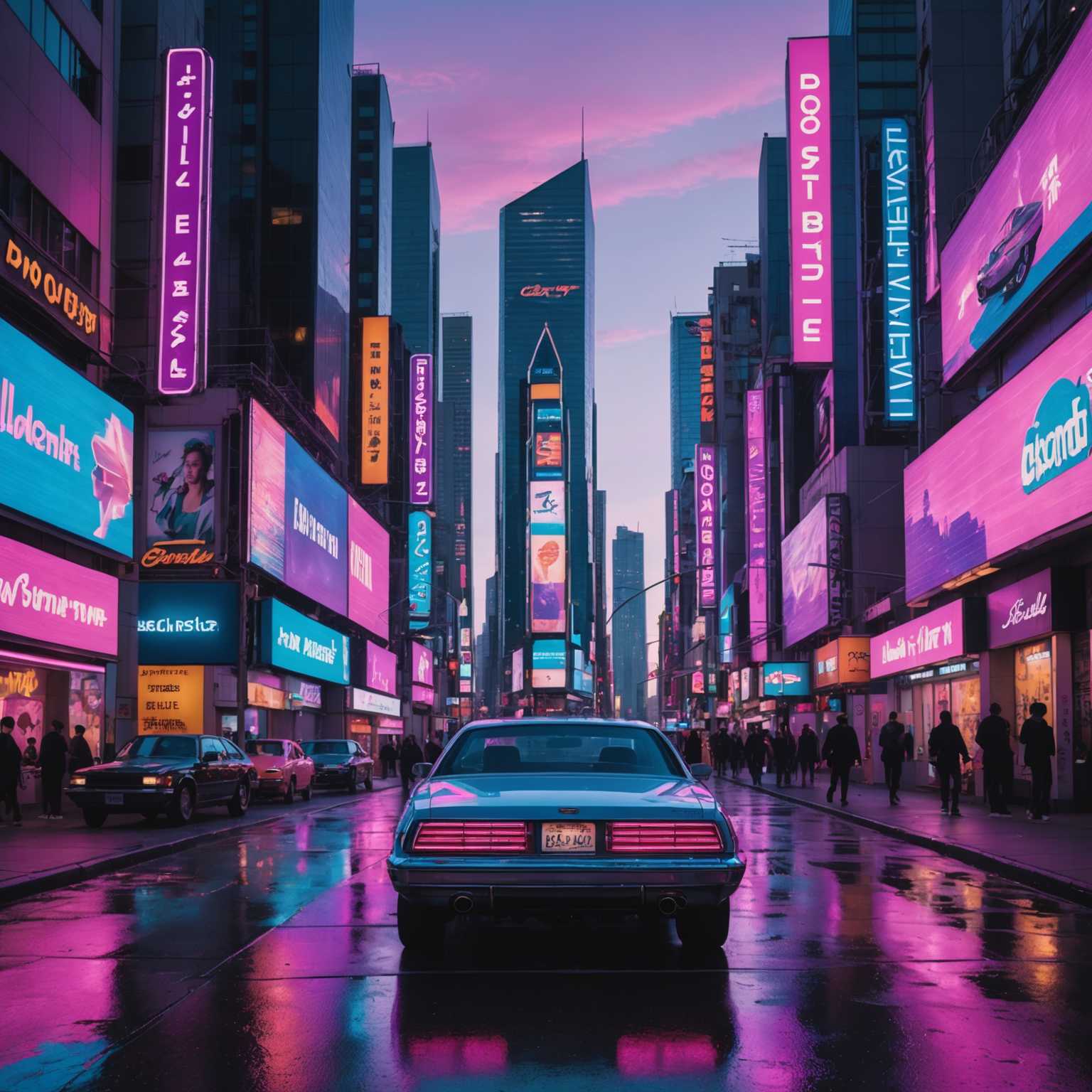 Eine neonbeleuchtete Stadtszenerie in der Dämmerung, die Hochhäuser mit leuchtenden Werbetafeln und holographischen Reklametafeln zeigt. Die Skyline ist in Rosatöne, Lila und Blau getaucht, die sich auf Chromoberflächen und Glasfassaden spiegeln. Ein retro-futuristisches Auto mit leuchtenden Spuren rast eine geschäftige Straße entlang, auf der Menschen in von den 80ern inspirierter Mode an Neonlichtern und Vintage-Geschäften vorbeigehen. Über der Szene schweben Drohnen und fliegende Autos, was die Cyberpunk-Atmosphäre verstärkt. Das gesamte Bild ist durchdrungen von einem Gefühl der Nostalgie und lebendiger Energie, erinnert an klassische Sci-Fi-Filme der 80er Jahre.