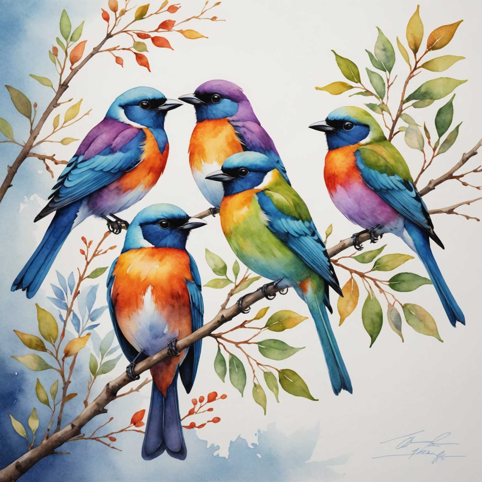 Auf dem Bild sitzen drei lebendige, mit Aquarell gemalte Vögel auf zarten, dünnen Zweigen. Jeder Vogel ist einzigartig gefärbt mit einer Mischung aus sanften und lebhaften Tönen, die von leuchtendem Blau und kräftigem Lila bis hin zu warmem Orange und lebendigem Grün reichen. Der Hintergrund ist minimalistisch, sodass der Fokus auf den wunderschön detaillierten und stilisierten Vögeln bleibt, die trotz der künstlerischen Darstellung fast lebensecht wirken. Die Zweige sind dezent mit Hinweisen auf Blätter, die die Vögel ergänzen und dem Gesamtbild einen Hauch von natürlicher Eleganz verleihen.