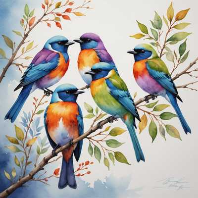 Auf dem Bild sitzen drei lebendige, mit Aquarell gemalte Vögel auf zarten, dünnen Zweigen. Jeder Vogel ist einzigartig gefärbt mit einer Mischung aus sanften und lebhaften Tönen, die von leuchtendem Blau und kräftigem Lila bis hin zu warmem Orange und lebendigem Grün reichen. Der Hintergrund ist minimalistisch, sodass der Fokus auf den wunderschön detaillierten und stilisierten Vögeln bleibt, die trotz der künstlerischen Darstellung fast lebensecht wirken. Die Zweige sind dezent mit Hinweisen auf Blätter, die die Vögel ergänzen und dem Gesamtbild einen Hauch von natürlicher Eleganz verleihen.