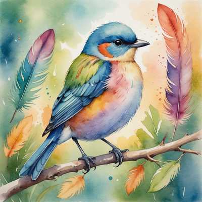 Eine bezaubernde Aquarellillustration eines winzigen, fröhlichen Vogels mit lebhaften Federn vor einem sanften, malerischen Hintergrund. Die Farben sind pastell und beruhigend, was zur sanften und herzerwärmenden Atmosphäre der Illustration beiträgt.
