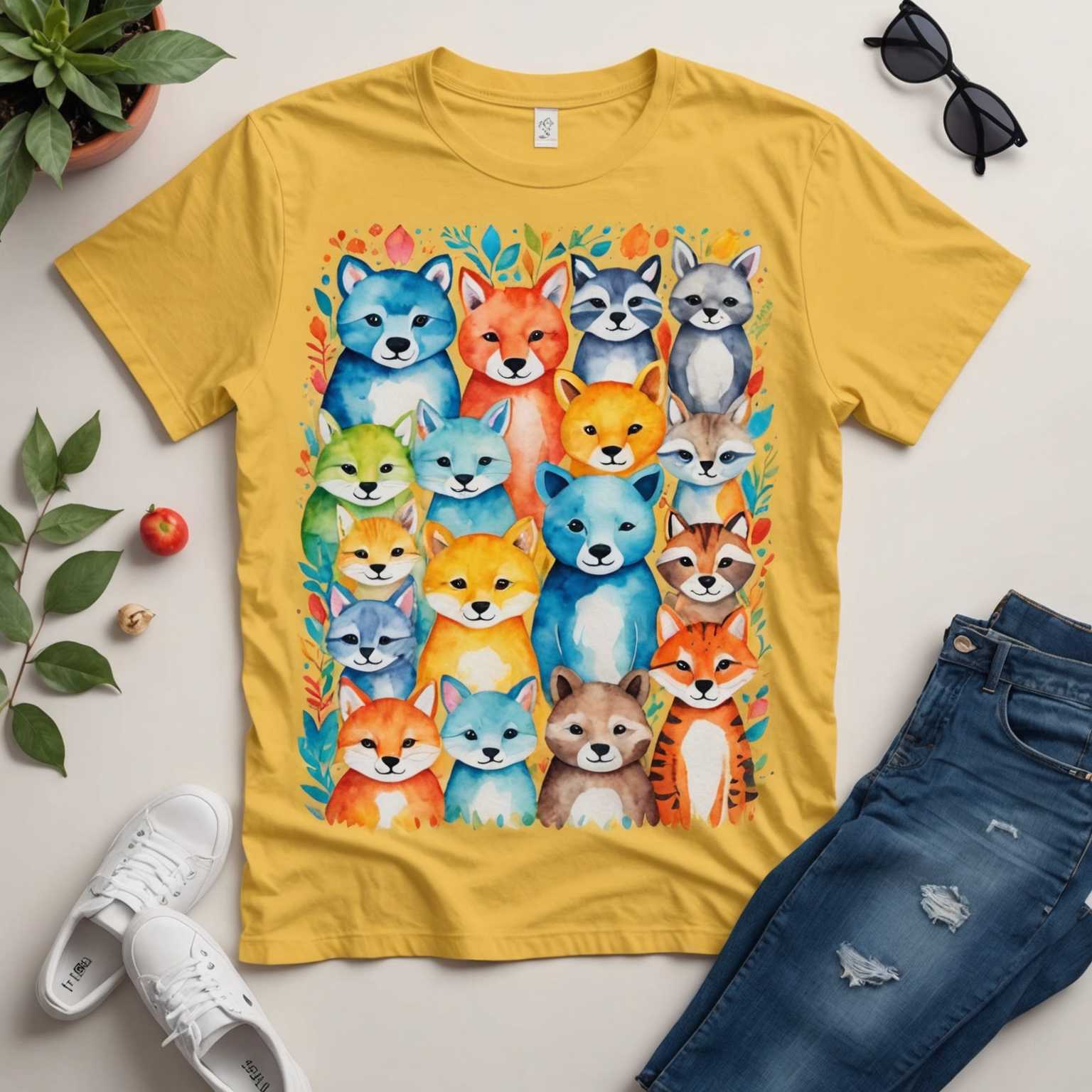 Ein T-Shirt mit einem Aquarelldesign, das lebendige und niedliche grafische Muster zeigt. Es hat niedliche Tiere, die weiche und helle Farben auf modische und optisch ansprechende Weise mischen.