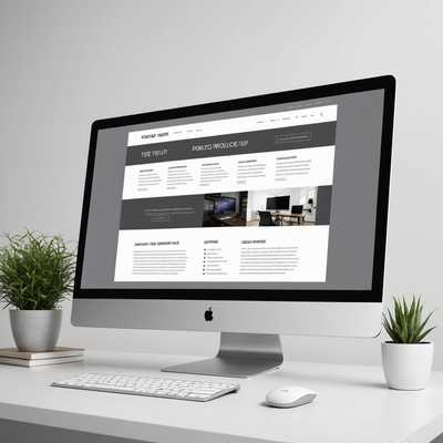 Das Bild zeigt ein schlankes, modernes Website-Mockup, das auf einem hochauflösenden Computermonitor angezeigt wird. Die Website hat ein sauberes und minimalistisches Design, das eine Kopfzeile mit einem Navigationsmenü, ein großes Hero-Bild mit Werbetext-Overlay und verschiedene darunter ordentlich organisierte Inhaltsabschnitte umfasst. Der Hintergrund ist größtenteils weiß mit subtilen grauen Akzenten, und der Text ist in einer serifenlosen Schriftart gehalten. Es gibt Platzhalter für Bilder und Text, einschließlich eines Abschnitts für eine Call-to-Action-Schaltfläche. Der Monitor steht auf einem sauberen, weißen Schreibtisch mit einer stilvollen Tastatur und einer Maus daneben. Die gesamte Szene ist gut beleuchtet, und weiche Schatten verleihen den Objekten Tiefe.