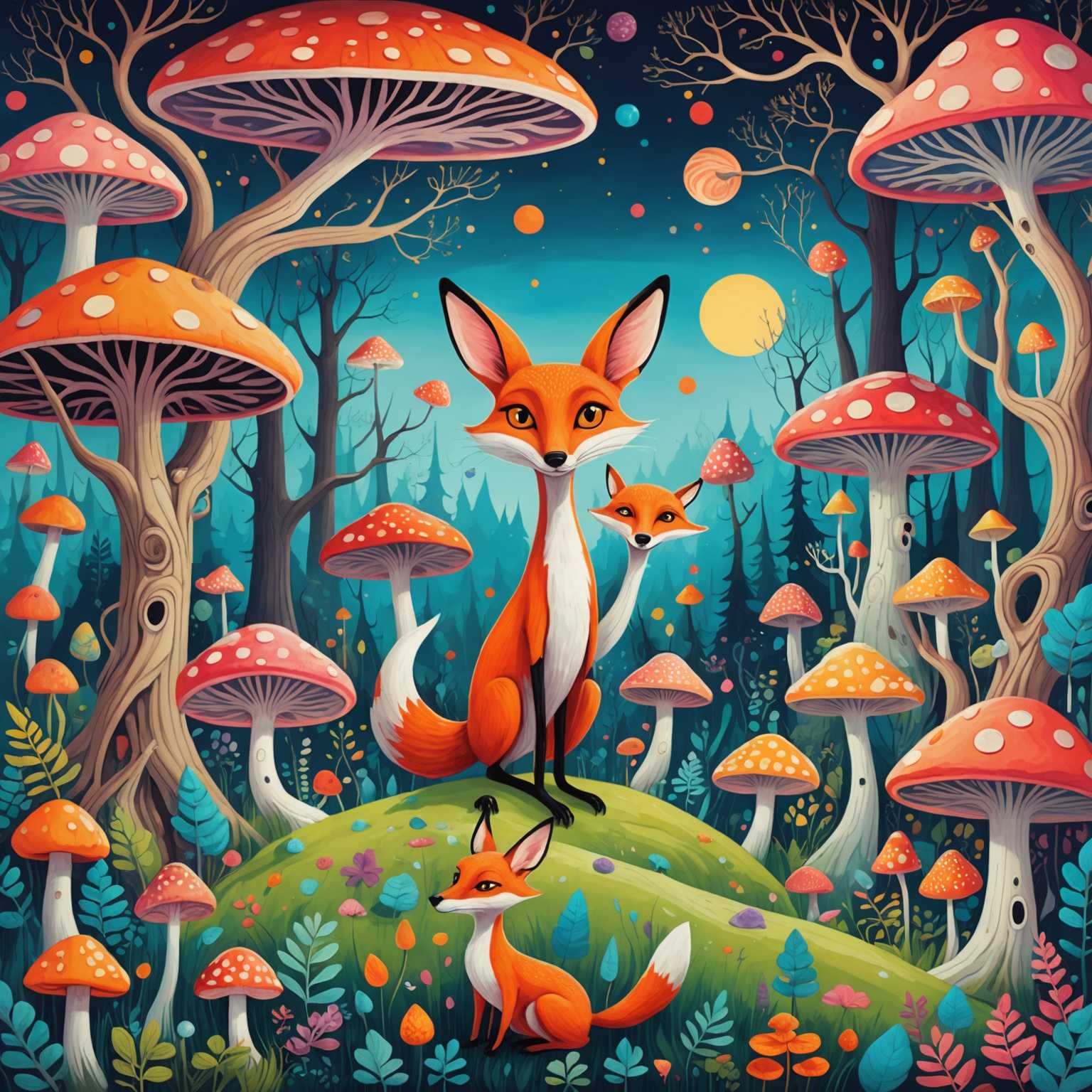 Eine skurrile Zeichnung mit einer fantastischen, surrealen Landschaft. Im Vordergrund befinden sich schrullige Kreaturen mit übertriebenen Merkmalen wie großen Augen und verlängerten Gliedmaßen. Einige von ihnen ähneln Tieren wie Füchsen und Kaninchen, jedoch mit einem verspielten Twist. Der Hintergrund zeigt einen lebhaften, außerweltlichen Wald mit verdrehten Bäumen und farbenfrohen, übergroßen Pilzen. Der Himmel ist gefüllt mit wirbelnden Mustern und abstrakten Formen, die der Szene eine ätherische Qualität verleihen. Der Gesamtstil ist fantasievoll und surreal, mit aufwändigen Details und kräftigen, lebendigen Farben, die den Zauber der Illustration verstärken.