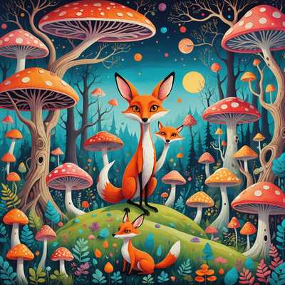 Eine skurrile Zeichnung mit einer fantastischen, surrealen Landschaft. Im Vordergrund befinden sich schrullige Kreaturen mit übertriebenen Merkmalen wie großen Augen und verlängerten Gliedmaßen. Einige von ihnen ähneln Tieren wie Füchsen und Kaninchen, jedoch mit einem verspielten Twist. Der Hintergrund zeigt einen lebhaften, außerweltlichen Wald mit verdrehten Bäumen und farbenfrohen, übergroßen Pilzen. Der Himmel ist gefüllt mit wirbelnden Mustern und abstrakten Formen, die der Szene eine ätherische Qualität verleihen. Der Gesamtstil ist fantasievoll und surreal, mit aufwändigen Details und kräftigen, lebendigen Farben, die den Zauber der Illustration verstärken.