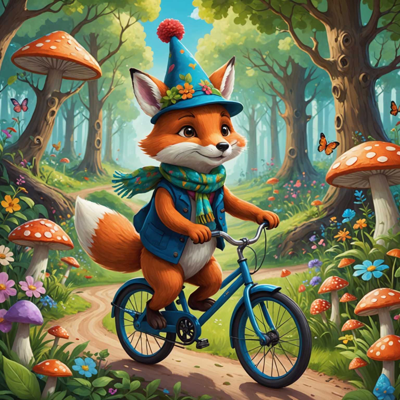 Die Abbildung zeigt eine entzückende, anthropomorphe Tierfigur, möglicherweise ein kleiner Fuchs oder Hase, der einen winzigen Hut und einen Schal trägt. Die Figur fährt freudig auf einem Fahrrad durch einen lebhaften, verzauberten Wald voller bunter Blumen, Pilze und üppigem Grün. Der Hintergrund umfasst charmante, detaillierte Bäume mit wirbelnden Ästen, einen klaren blauen Himmel mit ein paar flauschigen weißen Wolken sowie niedliche, verspielte Waldbewohner wie Vögel und Schmetterlinge, die zur lebhaften und magischen Atmosphäre der Szene beitragen. Der Kunststil ist heiter und charmant, mit hellen, fröhlichen Farben und detaillierten Linien, die ein Gefühl von Abenteuer und Wunder einfangen.