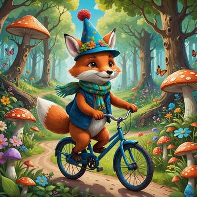 Die Abbildung zeigt eine entzückende, anthropomorphe Tierfigur, möglicherweise ein kleiner Fuchs oder Hase, der einen winzigen Hut und einen Schal trägt. Die Figur fährt freudig auf einem Fahrrad durch einen lebhaften, verzauberten Wald voller bunter Blumen, Pilze und üppigem Grün. Der Hintergrund umfasst charmante, detaillierte Bäume mit wirbelnden Ästen, einen klaren blauen Himmel mit ein paar flauschigen weißen Wolken sowie niedliche, verspielte Waldbewohner wie Vögel und Schmetterlinge, die zur lebhaften und magischen Atmosphäre der Szene beitragen. Der Kunststil ist heiter und charmant, mit hellen, fröhlichen Farben und detaillierten Linien, die ein Gefühl von Abenteuer und Wunder einfangen.