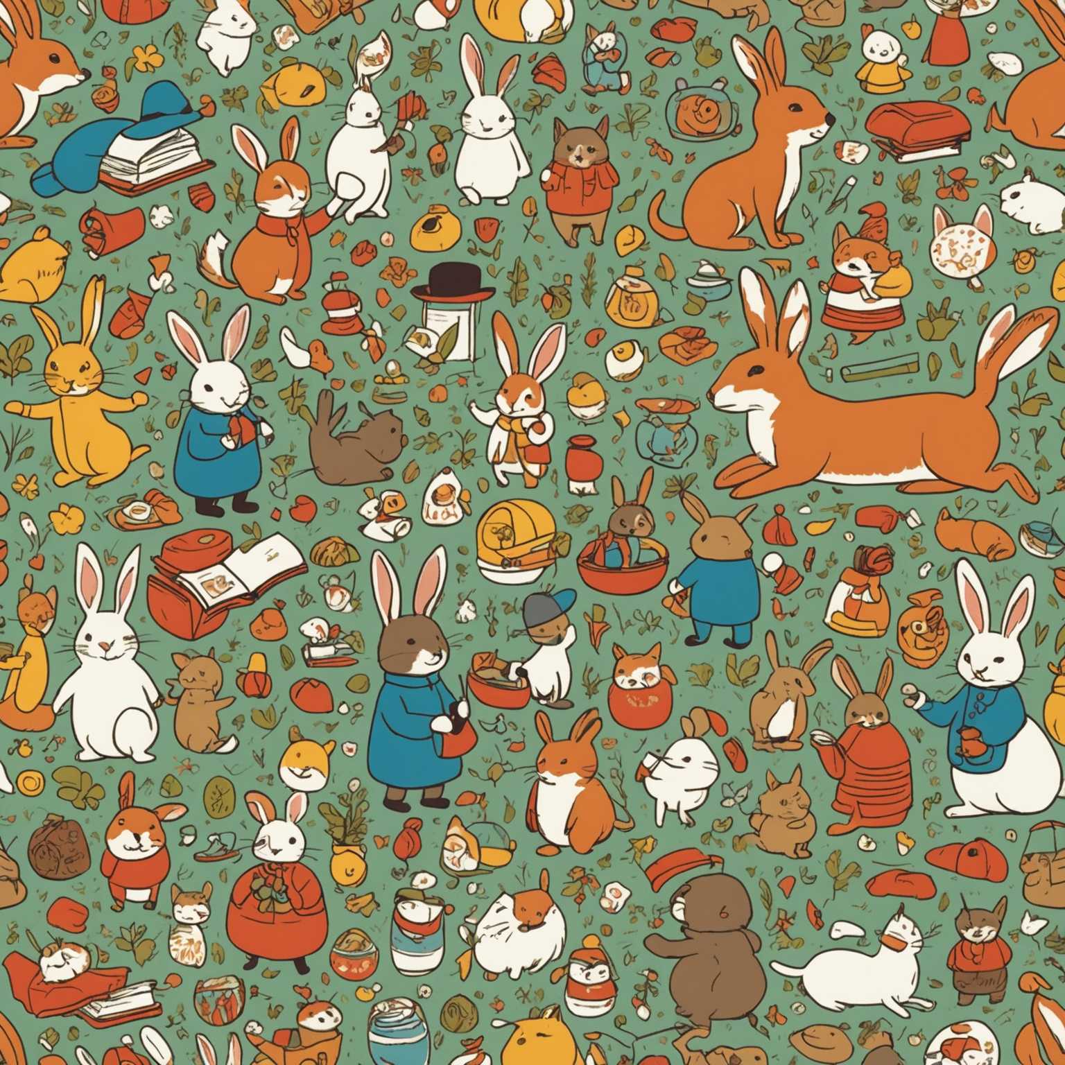 Das Bild zeigt eine skurrile und niedliche Ansammlung von Charakteren, die eine Kombination aus Tieren und Menschen sind. Jeder Charakter ist in einem verspielten und charmanten Stil detailliert gezeichnet. Das Blatt zeigt eine Vielzahl von Tieren wie Kaninchen, Katzen und Vögeln, die alle mit menschlichen Attributen wie Kleidung und Accessoires anthropomorphisiert sind. Einige Charaktere sind bei Aktivitäten wie Lesen, Musizieren oder einfach in bezaubernden Posen dargestellt. Der Gesamteindruck des Bildes ist leicht und niedlich und fängt eine entzückende Verschmelzung der Tier- und Menschenwelt in einer Zeichnung ein.