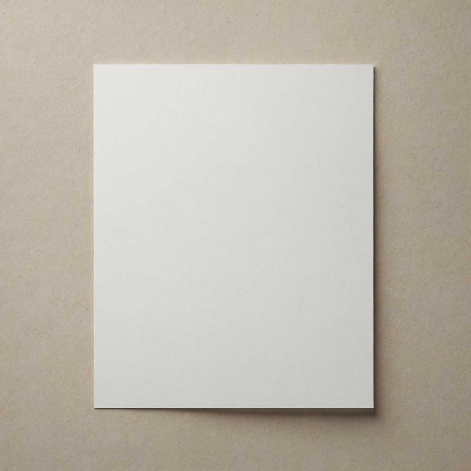 Eine ordentlich arrangierte Szene mit einem einzelnen weißen Papierblatt, das horizontal angeordnet ist. Der Hintergrund ist eine weiche, helle Farbe mit einer natürlichen Textur, die möglicherweise einer Holzoberfläche oder einem subtilen Stoff ähnelt. Es gibt einen sanften Schatten, der von dem Papier geworfen wird und der Komposition Tiefe und Dimension verleiht. Die Gesamtästhetik ist sauber und minimalistisch, mit einem Schwerpunkt auf Einfachheit und Eleganz.