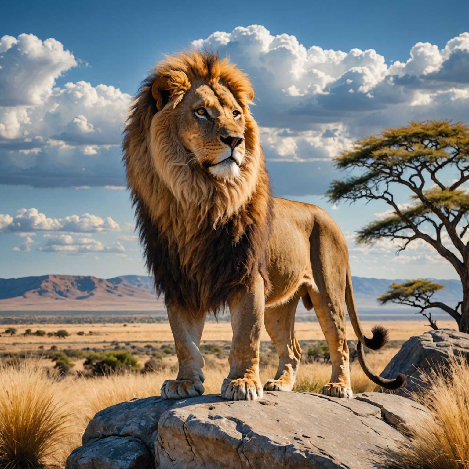 Ein majestätischer Löwe mit einer goldenen Mähne steht erhaben auf einem Felsvorsprung. Im Hintergrund erstreckt sich eine weite Savannenlandschaft unter einem strahlend blauen Himmel mit verstreuten weißen Wolken. Das Fell des Löwen wird von Sonnenlicht beleuchtet, was seine kräftige Statur und seinen intensiven Blick hervorhebt. Verschiedene hohe Gräser und einige entfernte Bäume prägen die Szenerie und fügen sich harmonisch in die natürliche Umgebung ein. Das Foto fängt das wilde Wesen und die noble Präsenz des Löwen in seinem natürlichen Lebensraum ein.