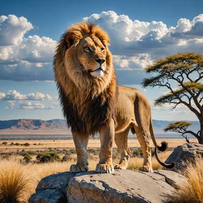 Ein majestätischer Löwe mit einer goldenen Mähne steht erhaben auf einem Felsvorsprung. Im Hintergrund erstreckt sich eine weite Savannenlandschaft unter einem strahlend blauen Himmel mit verstreuten weißen Wolken. Das Fell des Löwen wird von Sonnenlicht beleuchtet, was seine kräftige Statur und seinen intensiven Blick hervorhebt. Verschiedene hohe Gräser und einige entfernte Bäume prägen die Szenerie und fügen sich harmonisch in die natürliche Umgebung ein. Das Foto fängt das wilde Wesen und die noble Präsenz des Löwen in seinem natürlichen Lebensraum ein.