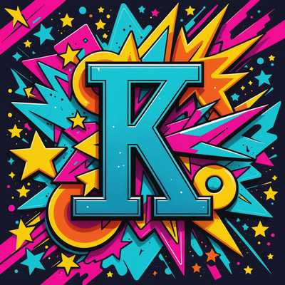 In diesem Bild sehe ich ein lebendiges und dynamisches Monogramm im Graffiti-Stil der 80er Jahre. Die Buchstaben sind fett und farbenfroh, mit dicken Umrissen und übertriebenen Serifen. Das Monogramm ist von verschiedenen Cartoonelementen wie Sternen, Blitzschlägen und abstrakten Formen umgeben, die alle auf spielerische und energiegeladene Weise dargestellt sind. Der Hintergrund ist mit leuchtenden, kontrastierenden Farben und Mustern gefüllt, die die gesamte retroästhetische Komposition verstärken. Die gesamte Komposition vermittelt ein Gefühl von Bewegung und Rebellion, das charakteristisch für die Straßenkunst dieser Ära ist.