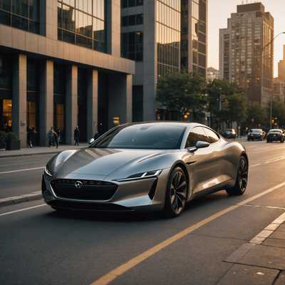 Das Bild zeigt ein elegantes, modernes Auto vor einer städtischen Kulisse. Das Fahrzeug ist ein Modell von 2023 und zeichnet sich durch ein stromlinienförmiges, aerodynamisches Design mit glatten Linien und metallischem Finish aus. Es hat LED-Scheinwerfer und futuristisch gestaltete Alufelgen. Die Fenster des Fahrzeugs sind leicht getönt und spiegeln die umliegende Stadtlandschaft wider. Das Foto wurde während der goldenen Stunde aufgenommen, wobei warmes Sonnenlicht die Konturen des Autos hervorhebt und lange Schatten wirft. Der Hintergrund umfasst eine Mischung aus moderner Architektur und Grünflächen, was auf ein Gleichgewicht zwischen urbaner und natürlicher Umgebung hinweist.