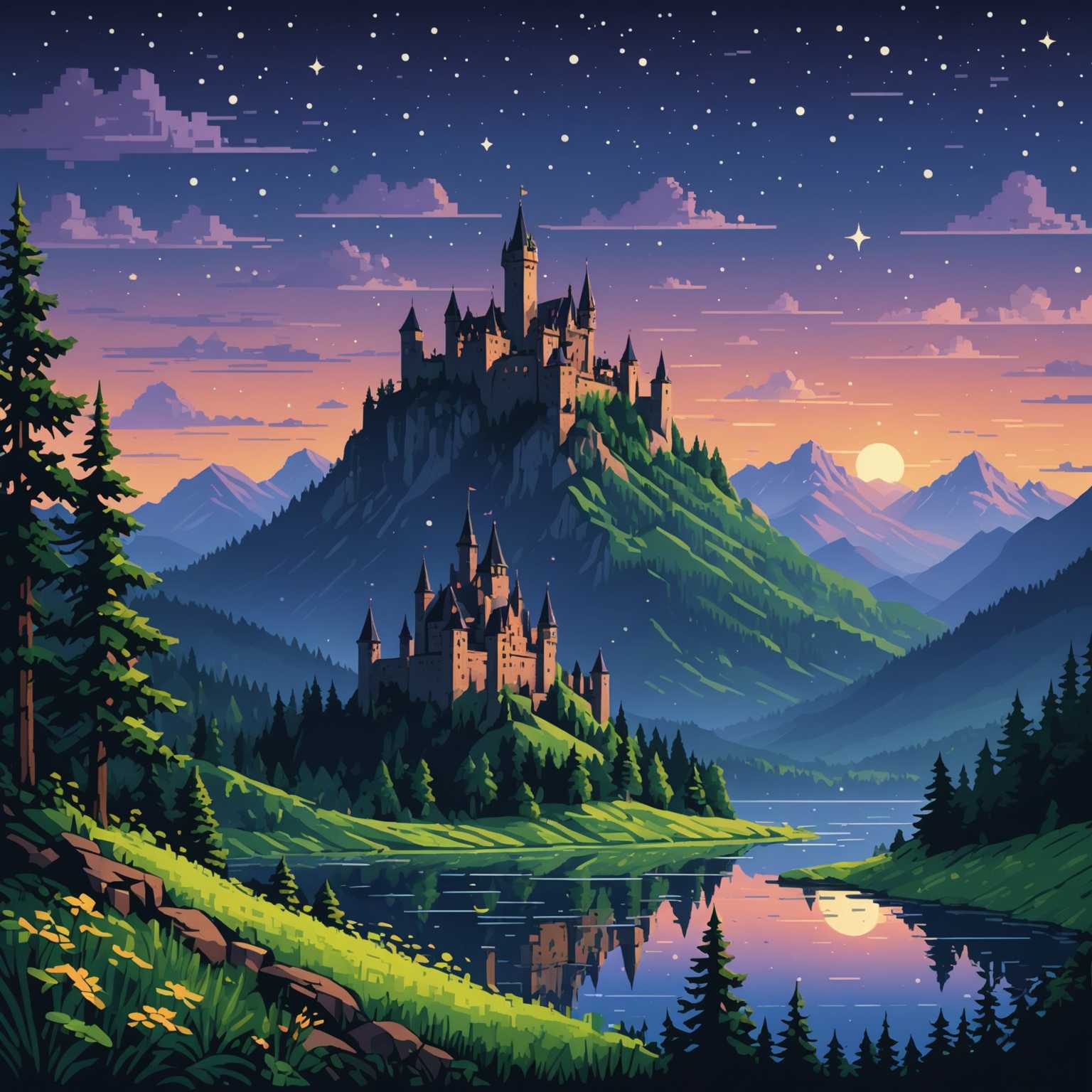 Die gepixelte Landschaft zeigt üppige Wälder, hohe Berge und ein fernes Schloss unter einem Dämmerungshimmel mit pixeligen Sternen. Das Gesamtbild verleiht der Szene eine magische Atmosphäre.