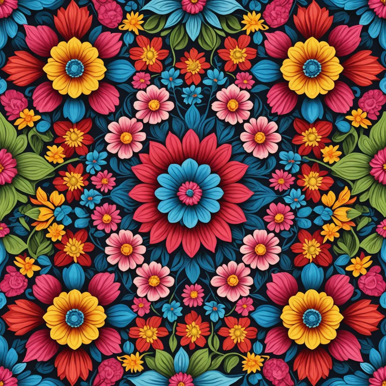 Das Bild zeigt ein hochdetailliertes und komplexes 3D-Muster, das aus verschiedenen Blumentypen in voller Blüte besteht. Die Blumen sind mit realistischen Texturen und lebendigen Farben, darunter Rottöne, Rosa, Gelb und Blau, dargestellt. Die Blüten sind in einem symmetrischen, sich wiederholenden Muster angeordnet, das einem Kaleidoskop- oder Mandala-Design ähnelt. Der Hintergrund ist dezent gehalten, sodass die floralen Elemente deutlich hervorstechen. Jede Blume scheint akribisch gefertigt zu sein, mit detailreichen Blütenblättern, Stängeln und Blättern, die Tiefe und Schatten zeigen und so eine räumliche Wirkung im Muster erzeugen.