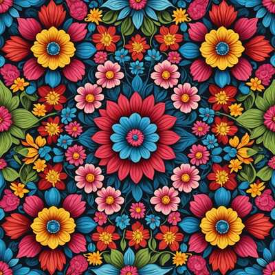 Das Bild zeigt ein hochdetailliertes und komplexes 3D-Muster, das aus verschiedenen Blumentypen in voller Blüte besteht. Die Blumen sind mit realistischen Texturen und lebendigen Farben, darunter Rottöne, Rosa, Gelb und Blau, dargestellt. Die Blüten sind in einem symmetrischen, sich wiederholenden Muster angeordnet, das einem Kaleidoskop- oder Mandala-Design ähnelt. Der Hintergrund ist dezent gehalten, sodass die floralen Elemente deutlich hervorstechen. Jede Blume scheint akribisch gefertigt zu sein, mit detailreichen Blütenblättern, Stängeln und Blättern, die Tiefe und Schatten zeigen und so eine räumliche Wirkung im Muster erzeugen.