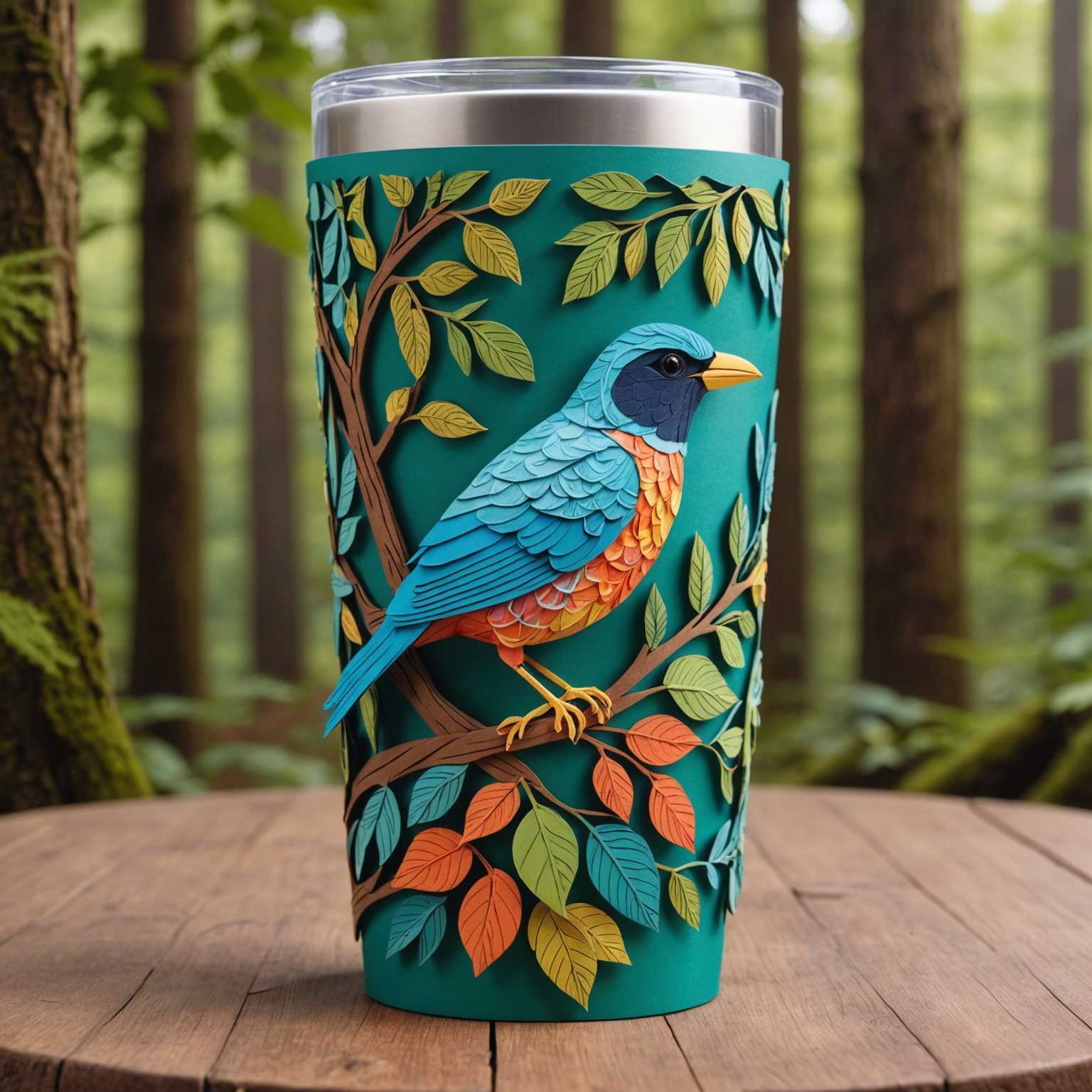 Dieses Bild zeigt eine detaillierte 3D-Szene mit einem kunstvoll gestalteten Papiertumbler, das mit einem filigranen 3D-Vogel umwickelt ist. Der Vogel ist mit lebensechten Texturen und lebhaften Farben künstlerisch gestaltet. Die Papierlagen des Tumblers schaffen Tiefe und Dimension, sodass der Vogel wirkt, als würde er aus der Szene hervortreten. Der Hintergrund beinhaltet Naturelemente wie Bäume, Blätter und Blumen, alles in einem harmonischen 3D-Papierkunststil. Lebendige Beleuchtung betont die filigranen Details und Schatten und erweckt die gesamte Szene zum Leben.