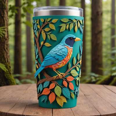 Dieses Bild zeigt eine detaillierte 3D-Szene mit einem kunstvoll gestalteten Papiertumbler, das mit einem filigranen 3D-Vogel umwickelt ist. Der Vogel ist mit lebensechten Texturen und lebhaften Farben künstlerisch gestaltet. Die Papierlagen des Tumblers schaffen Tiefe und Dimension, sodass der Vogel wirkt, als würde er aus der Szene hervortreten. Der Hintergrund beinhaltet Naturelemente wie Bäume, Blätter und Blumen, alles in einem harmonischen 3D-Papierkunststil. Lebendige Beleuchtung betont die filigranen Details und Schatten und erweckt die gesamte Szene zum Leben.