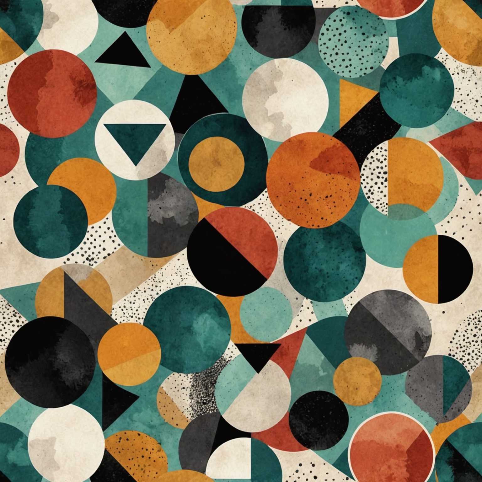Das Bild zeigt eine abstrakte Collage, die aus verschiedenen geometrischen Formen und Texturen besteht und visuell auffällig arrangiert ist. Es gibt überlappende Kreise, Dreiecke und Rechtecke in einer Mischung aus kräftigen und gedämpften Farben, die ein dynamisches Gefühl von Tiefe und Bewegung erzeugen. Der Hintergrund besteht aus einer strukturierten, aquarellähnlichen Waschung, die nahtlos mit den geometrischen Elementen verschmilzt. Einige Bereiche haben einen abgenutzten Grunge-Effekt, der dem Kompositionsstil ein Vintage-Gefühl verleiht. Der Gesamteindruck erinnert an die abstrakte Kunst der Mitte des 20. Jahrhunderts mit einer modernen Wendung, die sowohl analoge als auch digitale Ästhetik integriert.