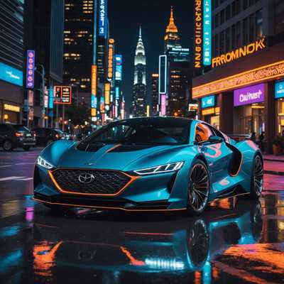 Futuristischer blauer Sportwagen in neonbeleuchteter Stadt bei Nacht