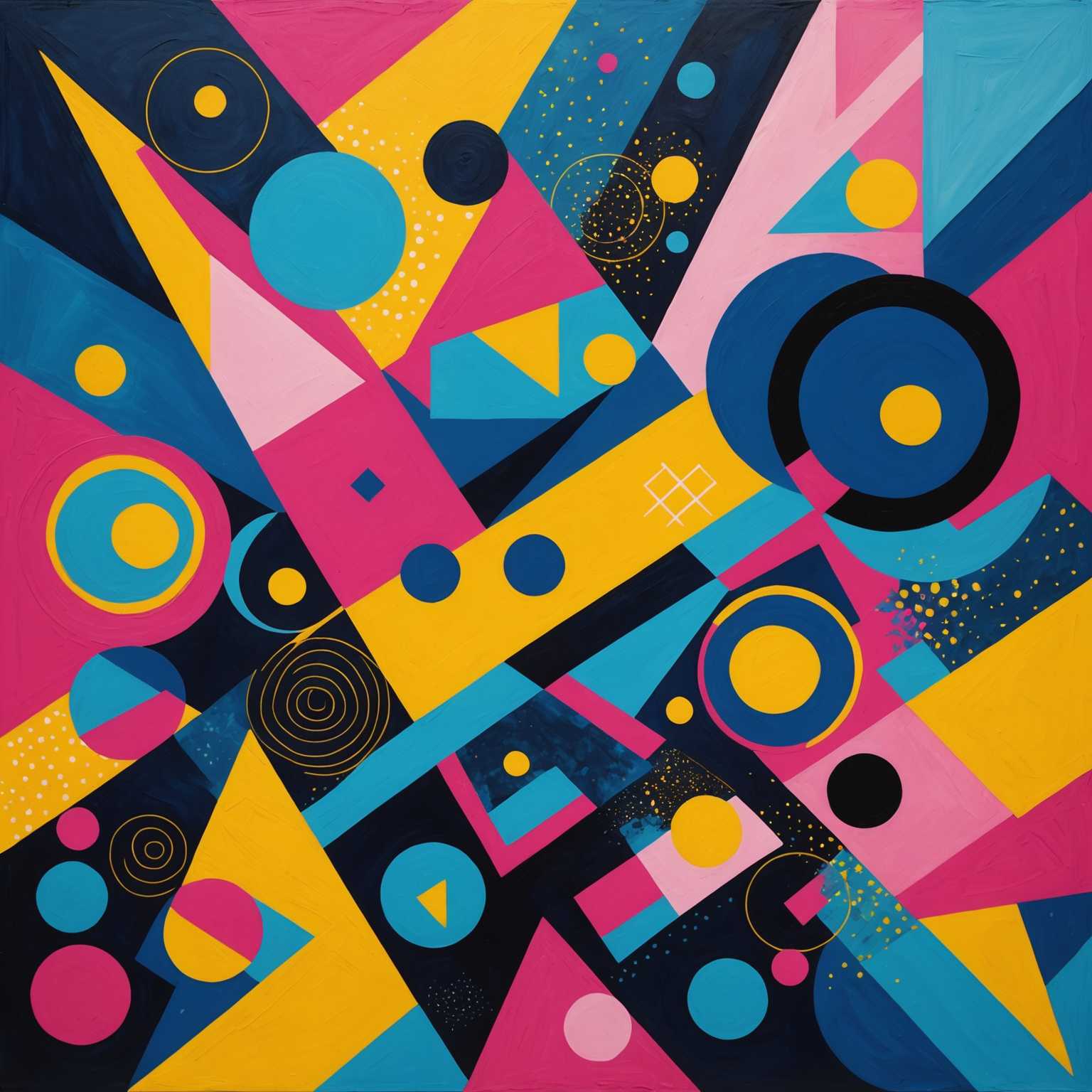 Das Bild zeigt eine abstrakte Komposition mit lebhaften Farben und kühnen Mustern. Wirbel aus Blau, Rosa und Gelb vermischen sich und erzeugen ein dynamisches Gefühl von Bewegung. Geometrische Formen wie Kreise, Dreiecke und Quadrate sind verstreut und fügen dem Fluss eine strukturierte Komponente hinzu. Der Hintergrund weist ein Farbverlauf von dunkleren zu helleren Tönen auf, wodurch die Tiefe des Designs verstärkt wird. Verschiedene Texturen, einschließlich Pinselstriche und digitale Elemente, sind übereinander gelegt und verleihen ein reichhaltiges, tastbares Gefühl. Das Gesamtergebnis ist ein visuell beeindruckendes Stück moderner abstrakter Kunst, das Emotionen und Neugierde weckt.