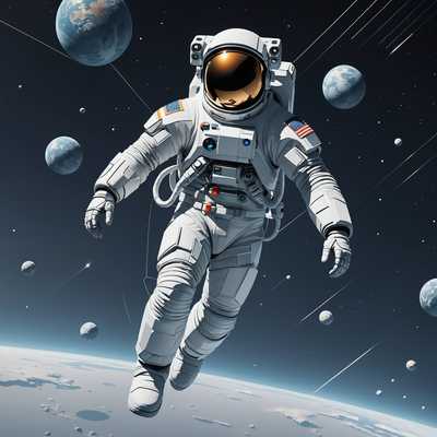 Dieses minimalistische Kunstwerk zeigt einen geometrischen Astronauten, der im Weltraum schwebt. Der Anzug des Astronauten besteht hauptsächlich aus einfachen Formen und Linien, mit einem Fokus auf saubere, scharfe Winkel und einer begrenzten Farbpalette. Der Hintergrund ist schlicht und unkompliziert, möglicherweise eine Volltonfarbe oder ein Farbverlauf, was die Einfachheit und den modernen ästhetischen Stil der Komposition betont. Der gesamte Stil ist sauber und abstrakt und verbindet Elemente der Geometrie und kosmischen Erkundung auf eine auffällige, visuell ansprechende Weise.