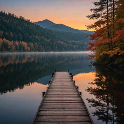 Eine friedliche Seenlandschaft bei Sonnenuntergang. Das Wasser spiegelt die tiefblauen und orangenen Töne des Himmels wider, während die Sonne hinter fernen Bergen untergeht. Ein einsamer Holzsteg ragt in den ruhigen See hinein, umgeben von Bäumen mit herbstlich gefärbten Blättern. Nebel steigt sanft aus dem Wasser auf und schafft eine mystische Atmosphäre. Am Ende des Stegs steht eine einzelne Figur und blickt auf den Horizont. Die Szene ist ruhig und vermittelt ein Gefühl friedlicher Einsamkeit.