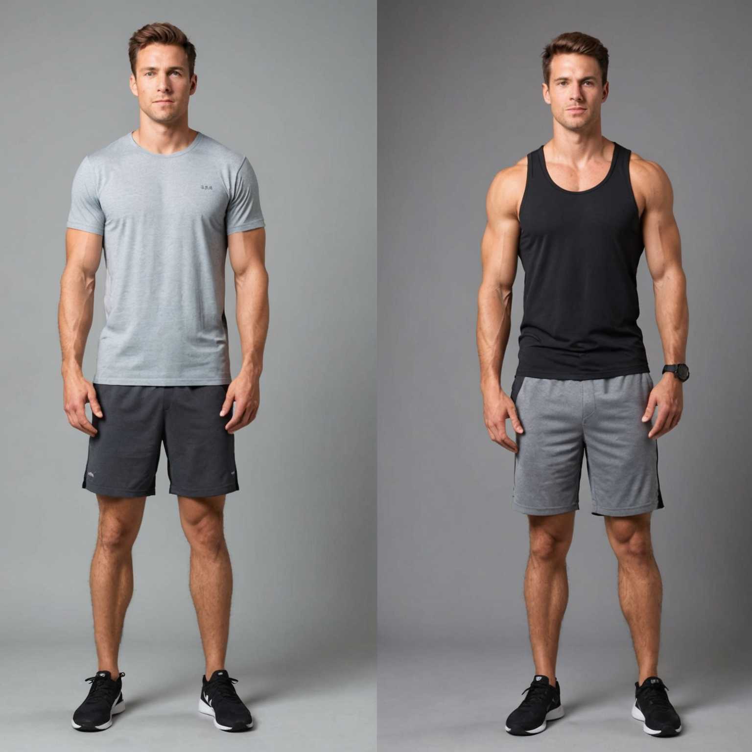 Das Bild zeigt zwei nebeneinander liegende Fotografien derselben Person, die eine Fitnessverwandlung darstellen. Auf der linken Seite ist das 'Vorher'-Bild abgebildet, das die Person mit einer weicheren Figur zeigt, die vor einem einfachen Hintergrund in einem Innenraum steht und direkt in die Kamera schaut. Sie trägt legere Kleidung, möglicherweise ein T-Shirt und Shorts. Auf der rechten Seite wird die gleiche Person mit einem durchtrainierten, muskulösen Körper dargestellt, die in einer ähnlichen Umgebung steht. Die Person trägt Fitnesskleidung wie ein Tanktop und sportliche Shorts, was ihre verbesserte Figur betont. Die Person lächelt und wirkt im 'Nachher'-Bild selbstbewusster. Die Beleuchtung in beiden Fotografien ist ähnlich, was eine klare und detaillierte Ansicht der Verwandlung ermöglicht.