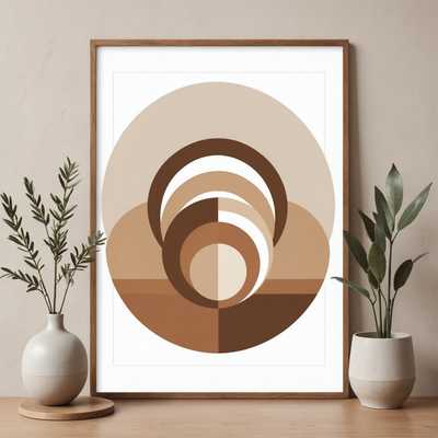 Das Bild zeigt einen minimalistischen Boho-Kunstdruck, der durch klare Linien und gedämpfte Erdtöne gekennzeichnet ist. Es zeigt einfache geometrische Formen, darunter Kreise und Bögen, die in einer ausgewogenen und harmonischen Komposition angeordnet sind. Der Hintergrund ist ein gedämpftes, warmes Beige, das die natürliche und beruhigende Ästhetik betont. Das Gesamtdesign strahlt ein Gefühl von Ruhe und dezenter Eleganz aus, das für ein modernes, boho-inspiriertes Interieur geeignet ist.