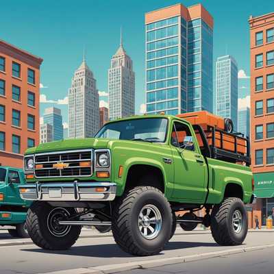 Eine lebendige Cartoon-Illustration eines grünen Pickup-Trucks mit übergroßen Rädern und robuster Bauweise. Im Hintergrund ist eine geschäftige Stadtlandschaft mit hohen Gebäuden und klarem blauen Himmel zu sehen.