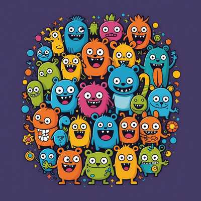 Das Bild zeigt eine Reihe bunter Cartoon-Vektor-Designs, die auf T-Shirts gedruckt sind. Jedes T-Shirt verfügt über eine einzigartige, lebendige und verspielte Illustration. Die Designs umfassen eine Vielzahl von skurrilen Charakteren wie Tiere, Monster und andere fantasievolle Figuren, die alle in einem stilisierten, übertriebenen Cartoon-Stil dargestellt sind. Die T-Shirts sind so angeordnet, dass sie die Vielfalt und Kreativität der Cartoon-Grafiken auf ansprechende Weise präsentieren. Der Hintergrund ist schlicht, damit der Fokus ausschließlich auf den T-Shirt-Designs liegt.