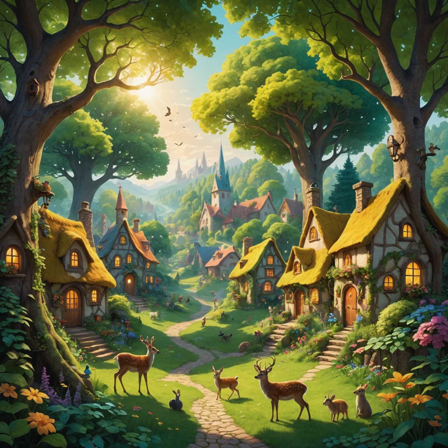 Eine lebendige Illustration eines märchenhaften Dorfes in einem üppigen, verzauberten Wald. Das Dorf hat charmante, bunte Häuschen mit Strohdächern und gewundenen Kopfsteinpflasterwegen. Hohe, uralte Bäume mit dicken Stämmen und weitläufigen Ästen umgeben das Dorf, ihre Blätter bilden ein dichtes Blätterdach, durch das Sonnenlicht hindurchschimmert. Kinder spielen freudig, einige jagen Schmetterlingen nach, andere klettern auf Bäume oder hüpfen die Wege entlang. Tiere wie Rehe, Kaninchen und Vögel schaffen eine harmonische Atmosphäre, als würden sie in perfekter Einheit mit den Dorfbewohnern leben. Der Himmel ist ein helles Pastellblau mit fluffigen weißen Wolken, und Lichtstrahlen filtern durch das Laub und verleihen der Szene einen magischen Glanz. Die gesamte Illustration ist in einem detaillierten, handgezeichneten Stil gehalten, mit sorgfältiger Aufmerksamkeit auf Texturen und lebendige Farben, die eine fesselnde und traumhafte Welt schaffen, die direkt aus einem Märchen zu stammen scheint.