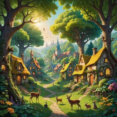 Eine lebendige Illustration eines märchenhaften Dorfes in einem üppigen, verzauberten Wald. Das Dorf hat charmante, bunte Häuschen mit Strohdächern und gewundenen Kopfsteinpflasterwegen. Hohe, uralte Bäume mit dicken Stämmen und weitläufigen Ästen umgeben das Dorf, ihre Blätter bilden ein dichtes Blätterdach, durch das Sonnenlicht hindurchschimmert. Kinder spielen freudig, einige jagen Schmetterlingen nach, andere klettern auf Bäume oder hüpfen die Wege entlang. Tiere wie Rehe, Kaninchen und Vögel schaffen eine harmonische Atmosphäre, als würden sie in perfekter Einheit mit den Dorfbewohnern leben. Der Himmel ist ein helles Pastellblau mit fluffigen weißen Wolken, und Lichtstrahlen filtern durch das Laub und verleihen der Szene einen magischen Glanz. Die gesamte Illustration ist in einem detaillierten, handgezeichneten Stil gehalten, mit sorgfältiger Aufmerksamkeit auf Texturen und lebendige Farben, die eine fesselnde und traumhafte Welt schaffen, die direkt aus einem Märchen zu stammen scheint.